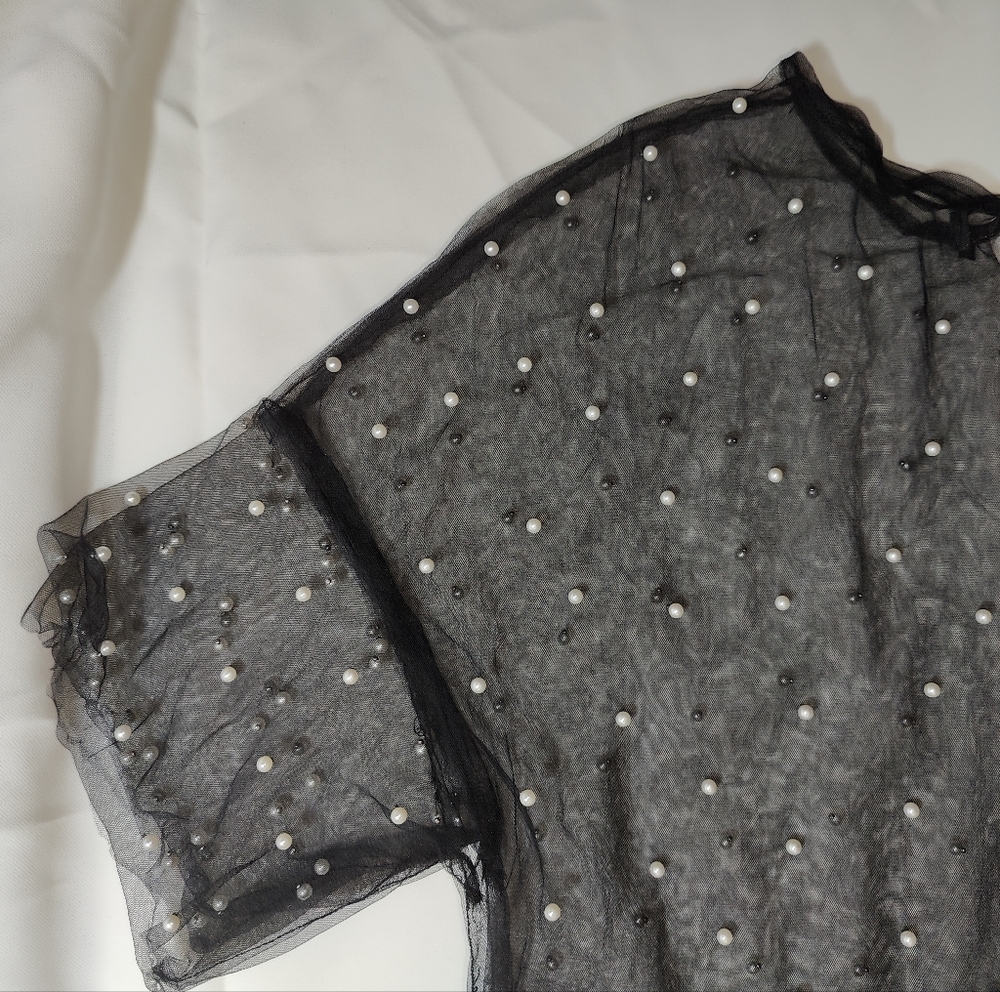 Women's Ultra Sheer Mesh Faux Pearl Adorned Layer Top